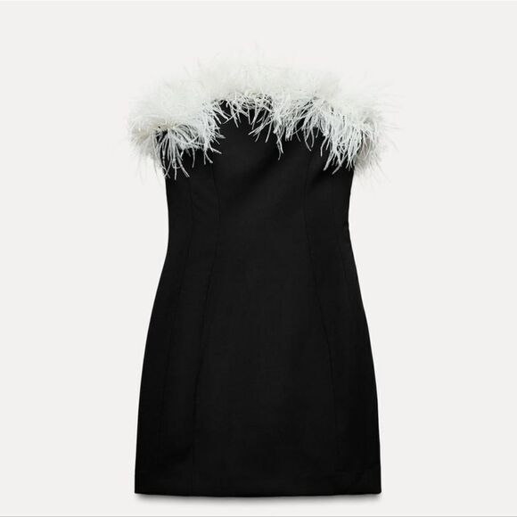 NWT ZARA feather stretchy dress contrasting black&white - Picture 11 of 16
